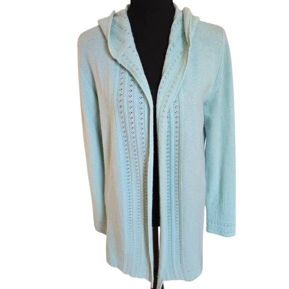 Peck & Peck Womens Wool Cashmere Hooded Open Front Cardigan Aqua Size Medium - Picture 2 of 13